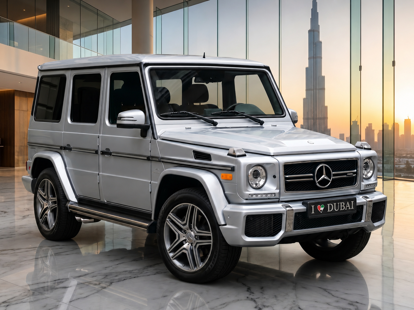 Silver Mercedes G-Wagon with Motto Automotive plate, urban setting